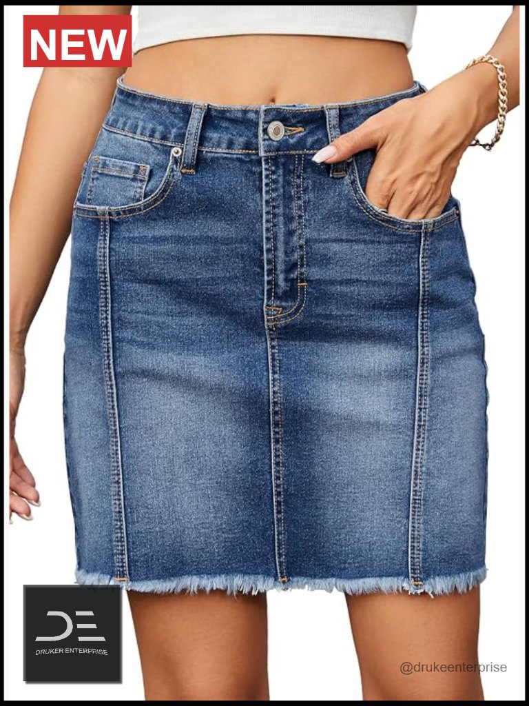 Stretch High Waist Raw Hem Zip Fly Jean Skirt